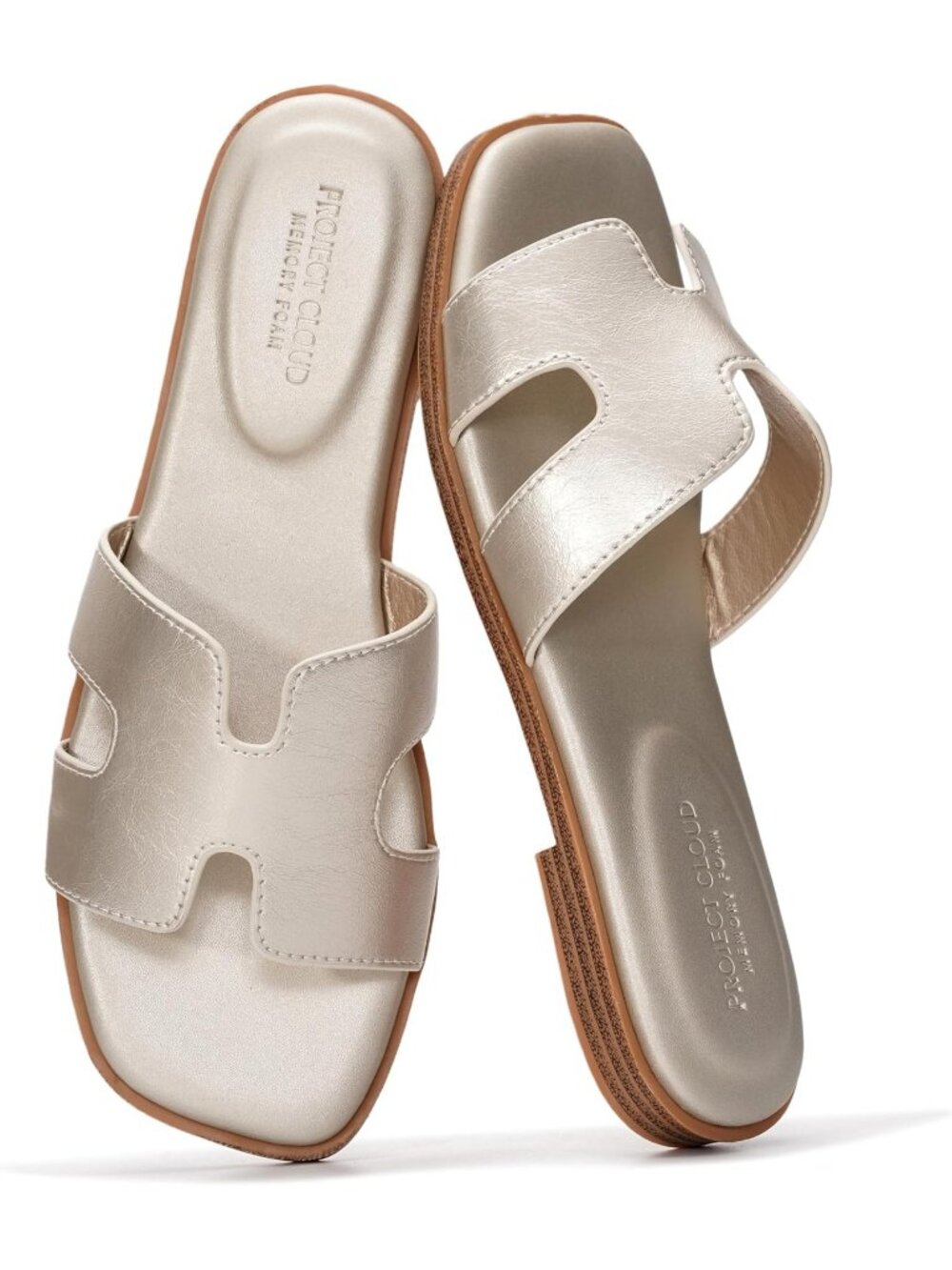 Women's Gold Genuine Leather Sandals Flat Slides Mules Memory Foam Footwear